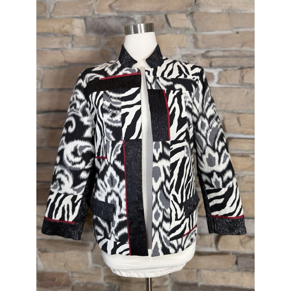 Chicos Size 2 Animal Print Jacket Metallic Shimmery Black Red Bold Women's